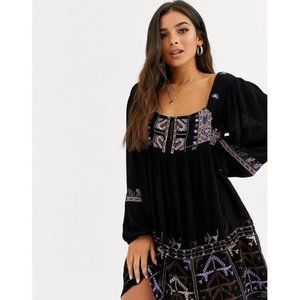NWT Free People Rhiannon Embroidered Black Minidress (Sz S)